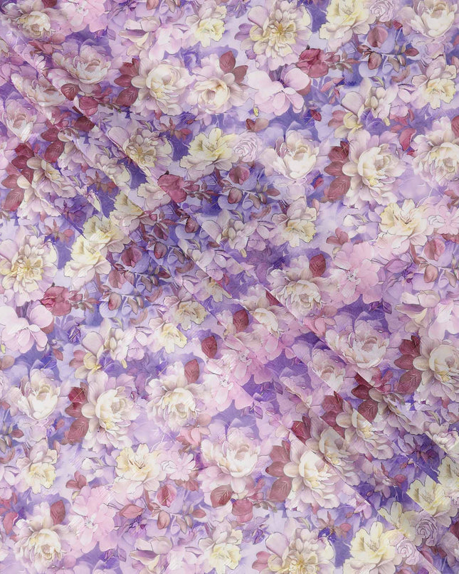 Lavender and Mauve Digital Floral Printed Cotton Voile Fabric with Cream Blooms and Soft Leaf Accents, 140 Cms Width, Made in India-D23738