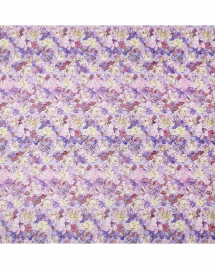 قماش فوال قطني مطبوع رقميًا بأزهار باللونين الخزامي والبنفسجي مع أزهار كريمية ولمسات أوراق ناعمة، عرض 140 سم، صنع في الهند - D23738