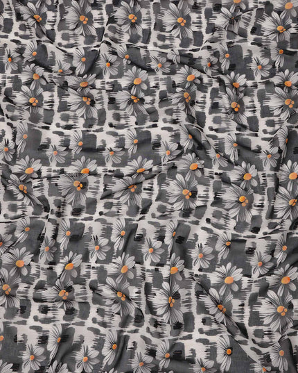 قماش فوال قطني مطبوع عليه زهور الأقحوان باللونين الأسود والرمادي، مع خلفية تجريدية بضربات الفرشاة، عرض 140 سم، صنع في الهند - D23739