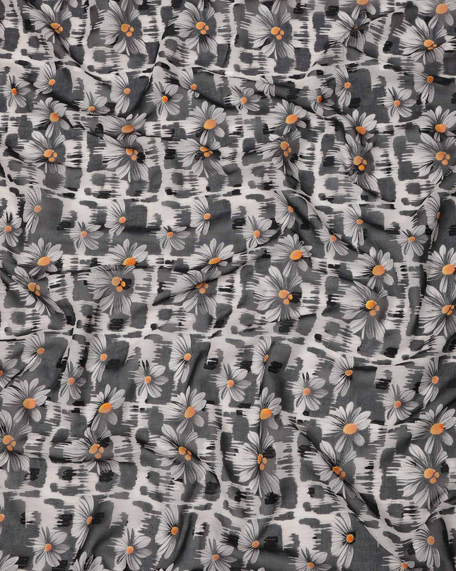 Monochrome Black and Grey Daisy Floral Printed Cotton Voile Fabric with Abstract Brushstroke Background, 140 Cms Width, Made in India-D23739