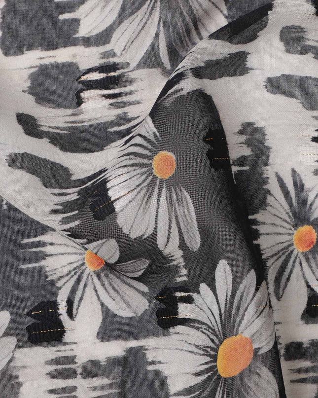 Monochrome Black and Grey Daisy Floral Printed Cotton Voile Fabric with Abstract Brushstroke Background, 140 Cms Width, Made in India-D23739