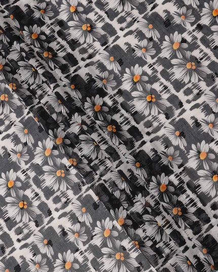 قماش فوال قطني مطبوع عليه زهور الأقحوان باللونين الأسود والرمادي، مع خلفية تجريدية بضربات الفرشاة، عرض 140 سم، صنع في الهند - D23739