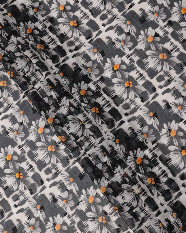 Monochrome Black and Grey Daisy Floral Printed Cotton Voile Fabric with Abstract Brushstroke Background, 140 Cms Width, Made in India-D23739