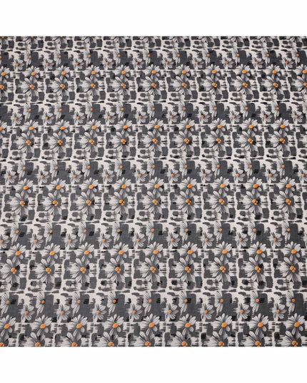 قماش فوال قطني مطبوع عليه زهور الأقحوان باللونين الأسود والرمادي، مع خلفية تجريدية بضربات الفرشاة، عرض 140 سم، صنع في الهند - D23739
