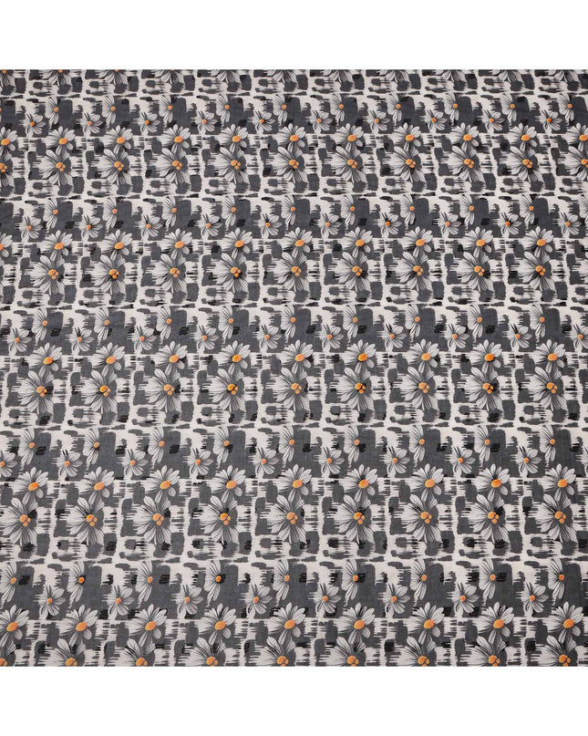 Monochrome Black and Grey Daisy Floral Printed Cotton Voile Fabric with Abstract Brushstroke Background, 140 Cms Width, Made in India-D23739