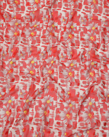 Coral Red Daisy Floral Printed Cotton Voile Fabric with Brushstroke Background, 140 Cms Width, Made in India-D23740