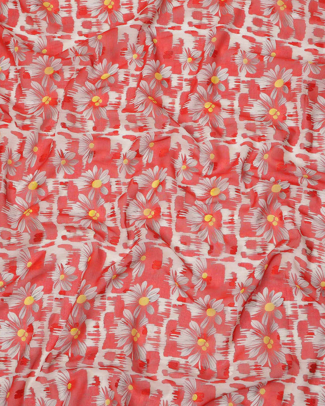 Coral Red Daisy Floral Printed Cotton Voile Fabric with Brushstroke Background, 140 Cms Width, Made in India-D23740