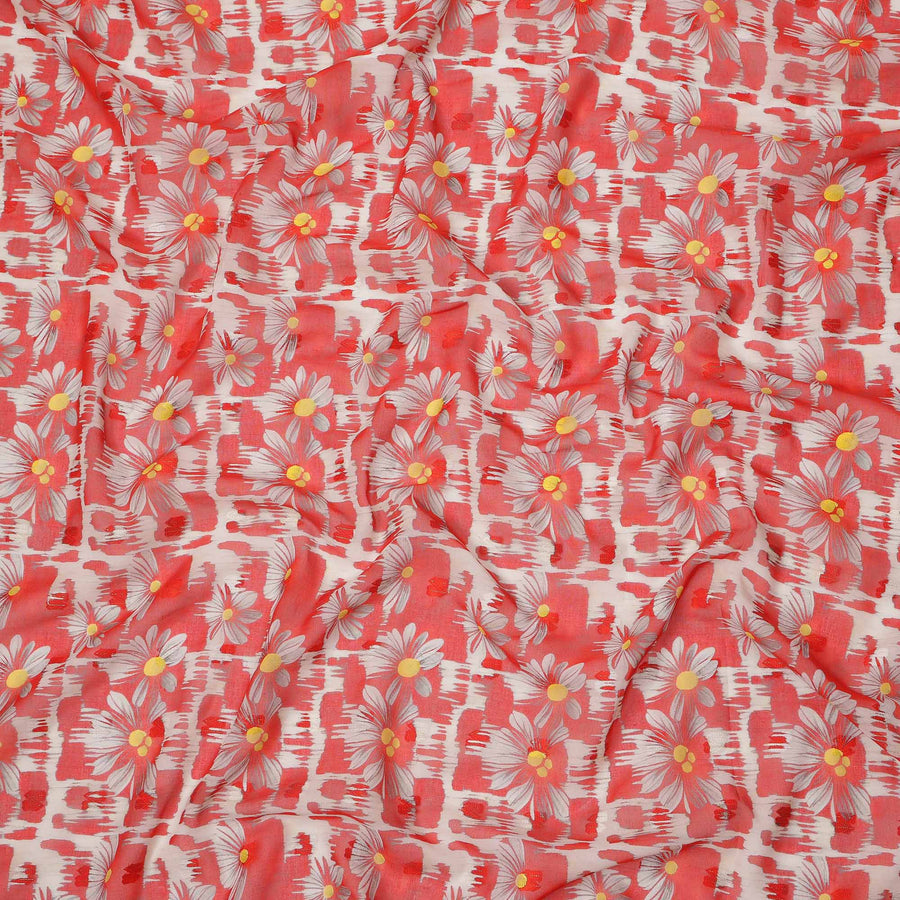 Coral Red Daisy Floral Printed Cotton Voile Fabric with Brushstroke Background, 140 Cms Width, Made in India-D23740