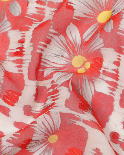 Coral Red Daisy Floral Printed Cotton Voile Fabric with Brushstroke Background, 140 Cms Width, Made in India-D23740