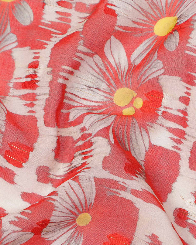 Coral Red Daisy Floral Printed Cotton Voile Fabric with Brushstroke Background, 140 Cms Width, Made in India-D23740