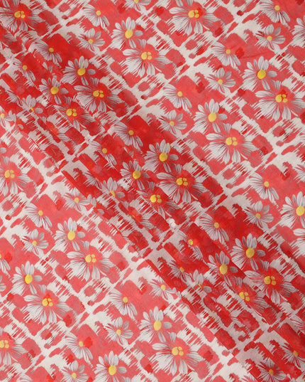 Coral Red Daisy Floral Printed Cotton Voile Fabric with Brushstroke Background, 140 Cms Width, Made in India-D23740