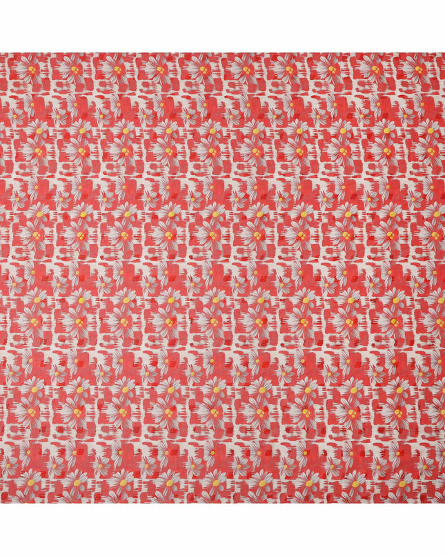 Coral Red Daisy Floral Printed Cotton Voile Fabric with Brushstroke Background, 140 Cms Width, Made in India-D23740
