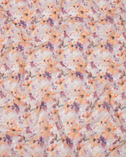 Peach Lavender Floral Bloom Printed Cotton Voile Fabric, 140 Cms Width, Made in India-D23743
