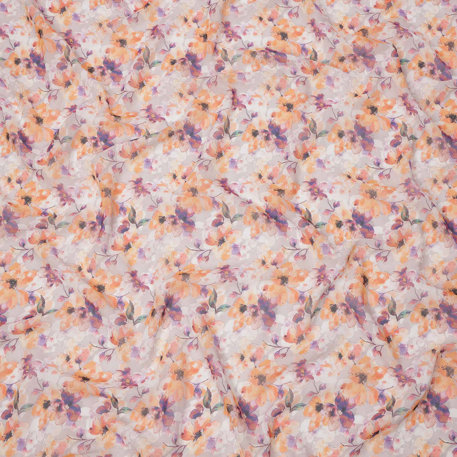 Peach Lavender Floral Bloom Printed Cotton Voile Fabric, 140 Cms Width, Made in India-D23743
