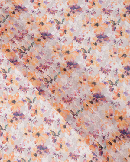 Peach Lavender Floral Bloom Printed Cotton Voile Fabric, 140 Cms Width, Made in India-D23743