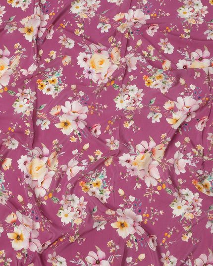 Magenta Base Multicolor Bloom Floral Printed Pure Silk Crepe Fabric, 110 Cms Width, Made in India-D23959
