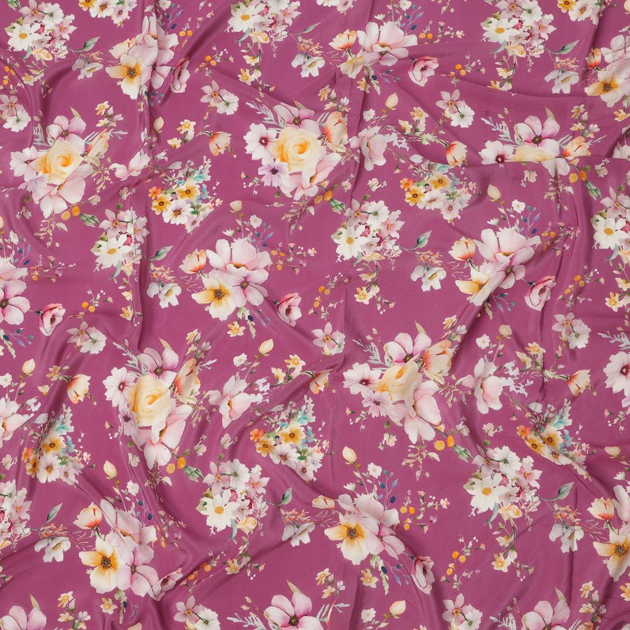 Magenta Base Multicolor Bloom Floral Printed Pure Silk Crepe Fabric, 110 Cms Width, Made in India-D23959