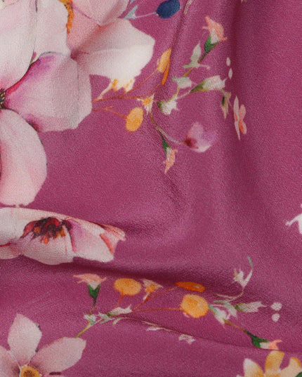 Magenta Base Multicolor Bloom Floral Printed Pure Silk Crepe Fabric, 110 Cms Width, Made in India-D23959