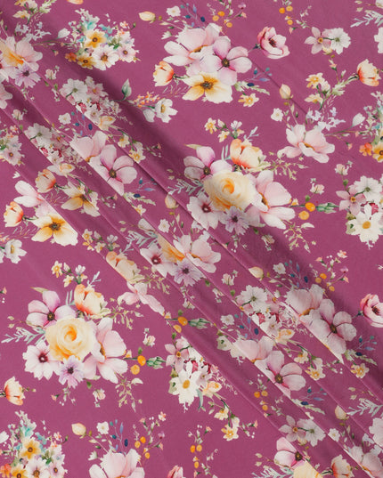 Magenta Base Multicolor Bloom Floral Printed Pure Silk Crepe Fabric, 110 Cms Width, Made in India-D23959