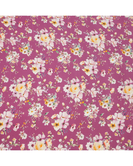 Magenta Base Multicolor Bloom Floral Printed Pure Silk Crepe Fabric, 110 Cms Width, Made in India-D23959