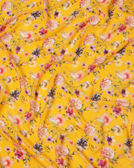 Sunflower Yellow Multicolor Floral Garden Printed Pure Silk Crepe Fabric, 110 Cms Width, Made in India-D23961