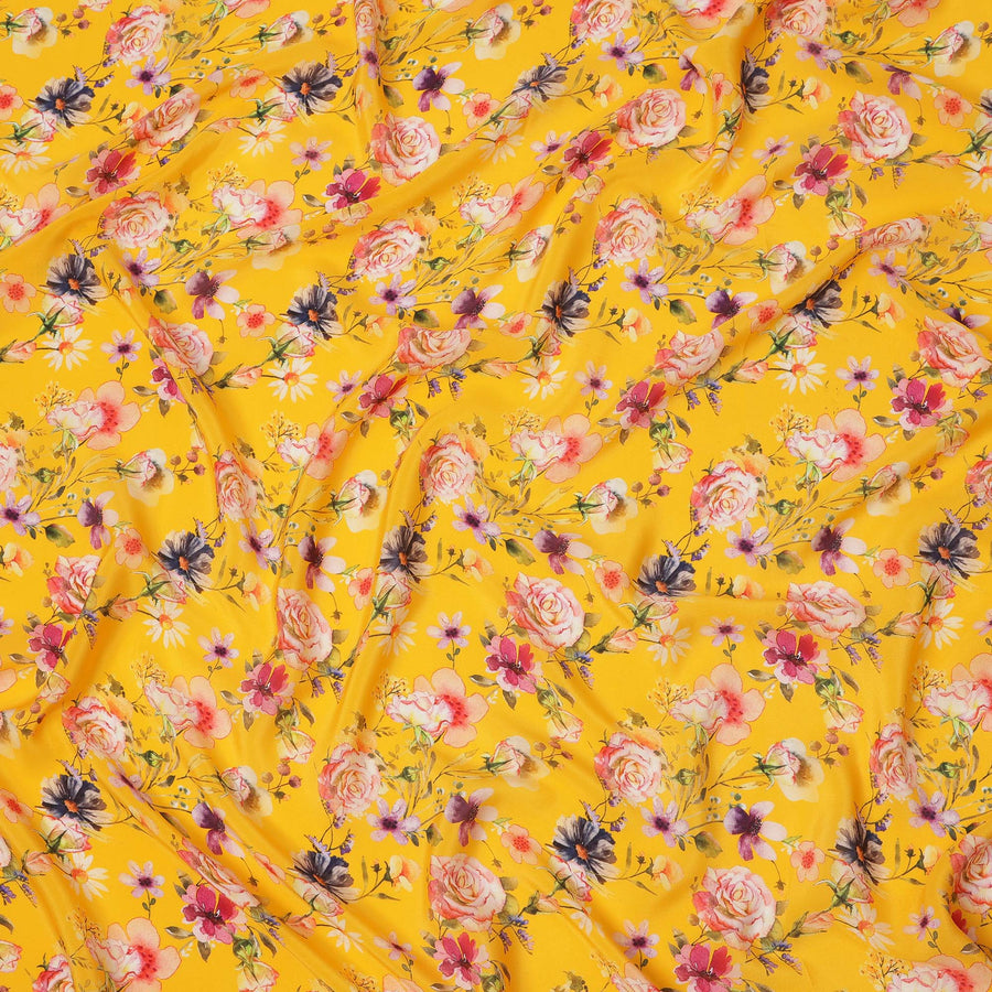 Sunflower Yellow Multicolor Floral Garden Printed Pure Silk Crepe Fabric, 110 Cms Width, Made in India-D23961