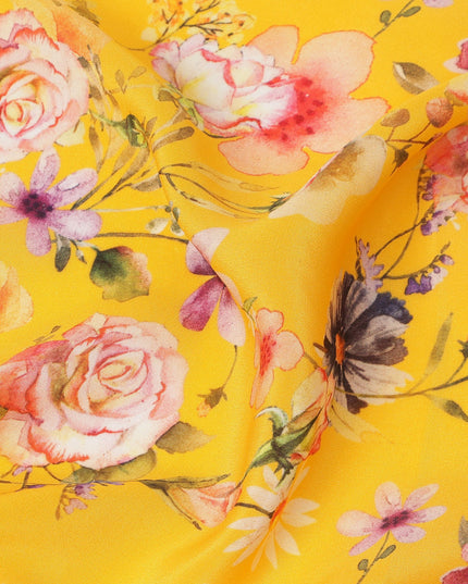 Sunflower Yellow Multicolor Floral Garden Printed Pure Silk Crepe Fabric, 110 Cms Width, Made in India-D23961