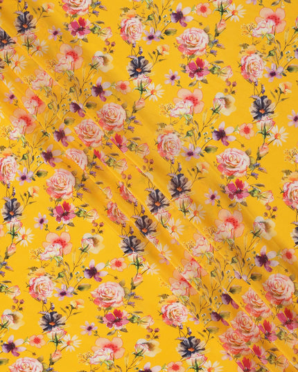 Sunflower Yellow Multicolor Floral Garden Printed Pure Silk Crepe Fabric, 110 Cms Width, Made in India-D23961
