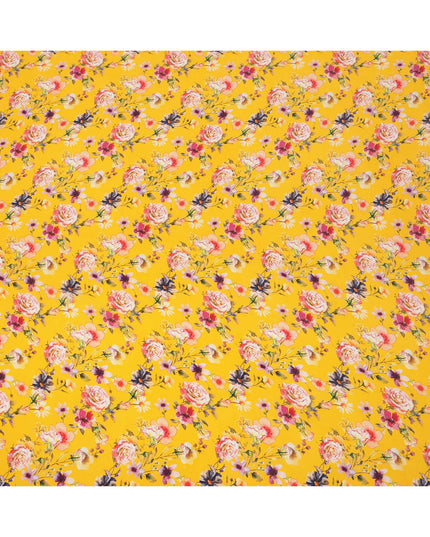 Sunflower Yellow Multicolor Floral Garden Printed Pure Silk Crepe Fabric, 110 Cms Width, Made in India-D23961