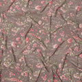 Mink Brown Base Blush Pink Floral Vine Printed Pure Silk Crepe Fabric, 110 Cms Width, Made in India-D23962