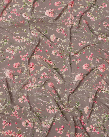 Mink Brown Base Blush Pink Floral Vine Printed Pure Silk Crepe Fabric, 110 Cms Width, Made in India-D23962
