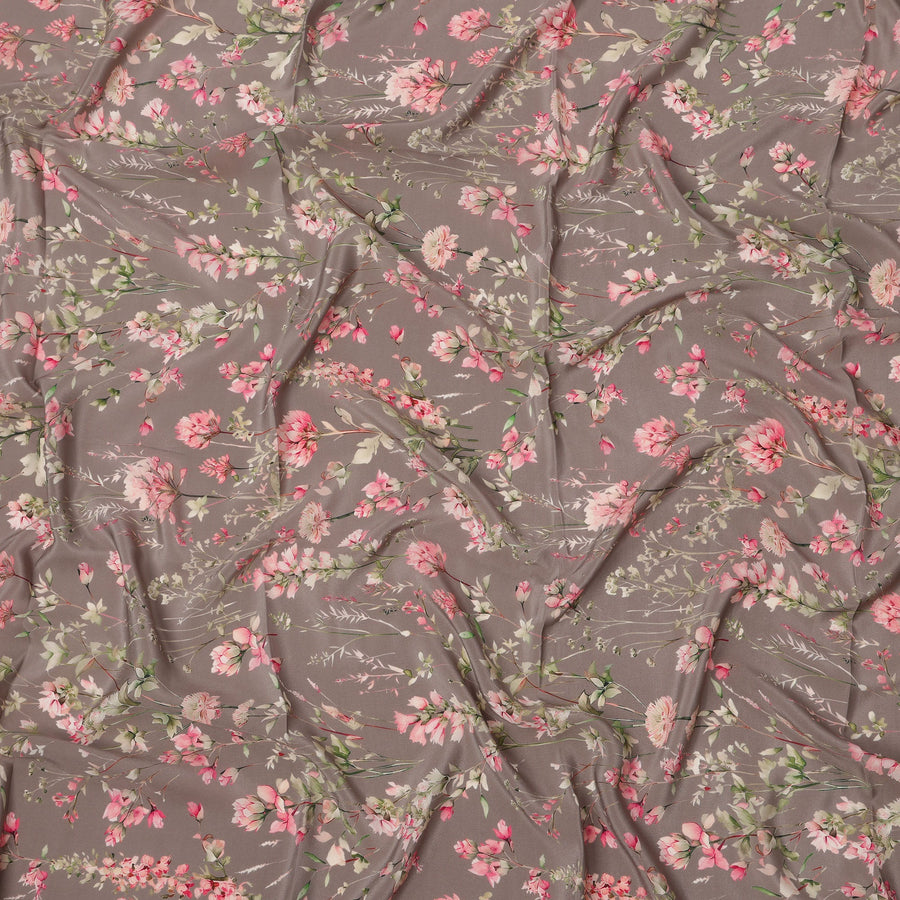 Mink Brown Base Blush Pink Floral Vine Printed Pure Silk Crepe Fabric, 110 Cms Width, Made in India-D23962