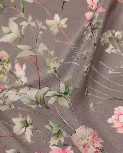 Mink Brown Base Blush Pink Floral Vine Printed Pure Silk Crepe Fabric, 110 Cms Width, Made in India-D23962