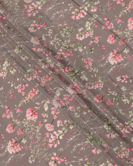 Mink Brown Base Blush Pink Floral Vine Printed Pure Silk Crepe Fabric, 110 Cms Width, Made in India-D23962