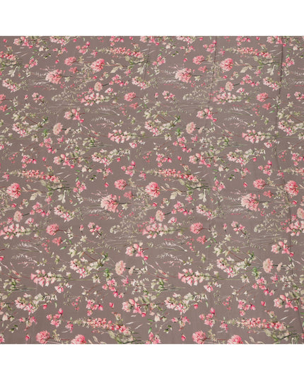 Mink Brown Base Blush Pink Floral Vine Printed Pure Silk Crepe Fabric, 110 Cms Width, Made in India-D23962