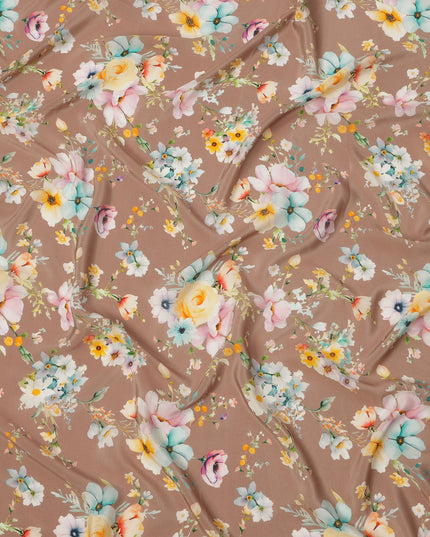 Taupe Brown Base Multicolor Pastel Floral Printed Pure Silk Crepe Fabric, 110 Cms Width, Made in India-D23963