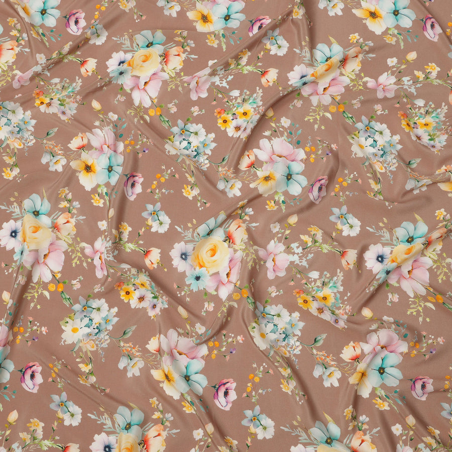 Taupe Brown Base Multicolor Pastel Floral Printed Pure Silk Crepe Fabric, 110 Cms Width, Made in India-D23963