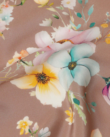 Taupe Brown Base Multicolor Pastel Floral Printed Pure Silk Crepe Fabric, 110 Cms Width, Made in India-D23963