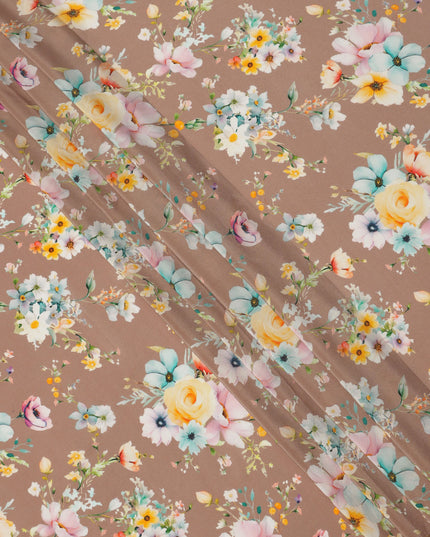 Taupe Brown Base Multicolor Pastel Floral Printed Pure Silk Crepe Fabric, 110 Cms Width, Made in India-D23963