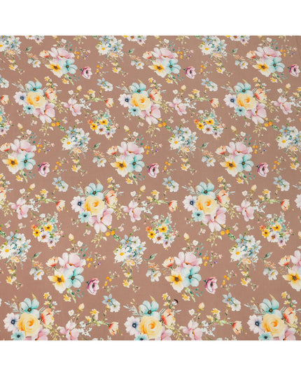 Taupe Brown Base Multicolor Pastel Floral Printed Pure Silk Crepe Fabric, 110 Cms Width, Made in India-D23963