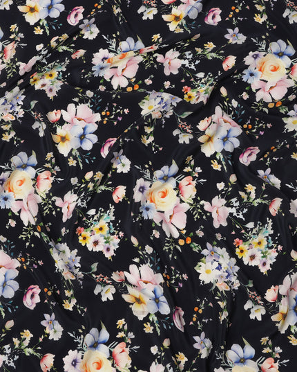 Black Base Multicolor Pastel Rose Cluster Printed Pure Silk Crepe Fabric, 110 Cms Width, Made in India-D23964
