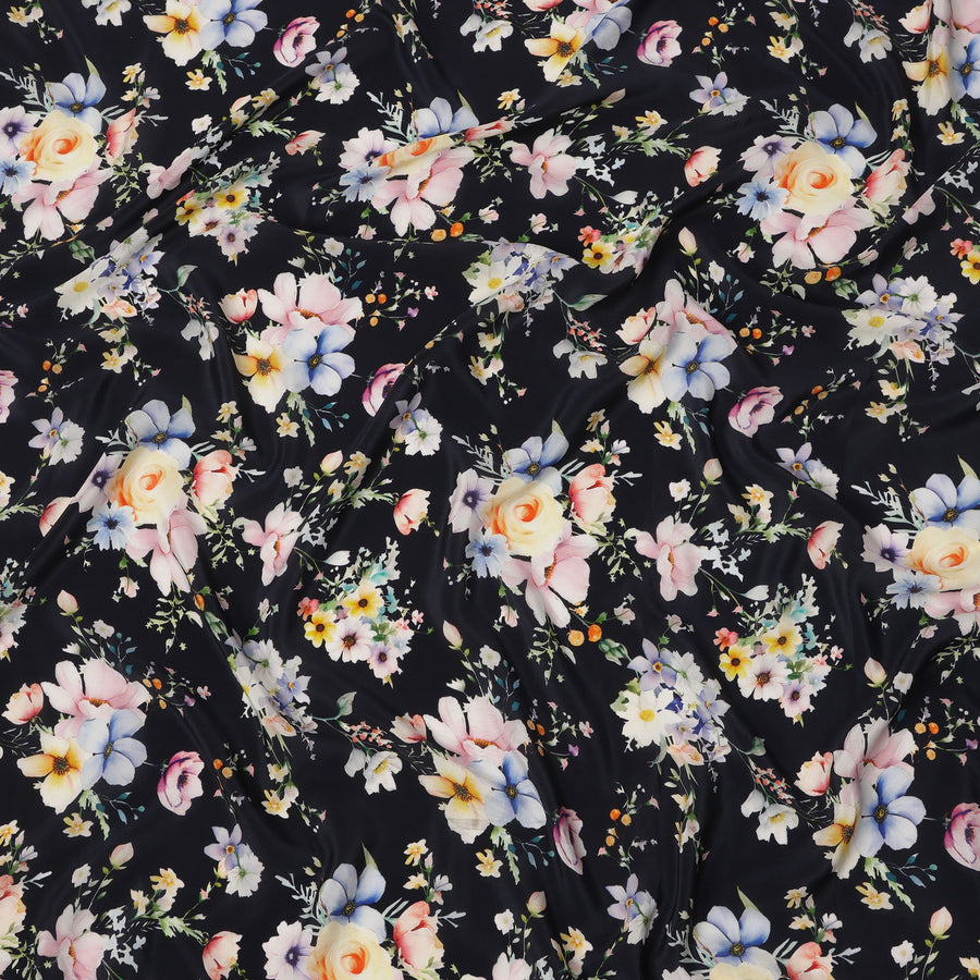 Black Base Multicolor Pastel Rose Cluster Printed Pure Silk Crepe Fabric, 110 Cms Width, Made in India-D23964