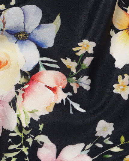 Black Base Multicolor Pastel Rose Cluster Printed Pure Silk Crepe Fabric, 110 Cms Width, Made in India-D23964