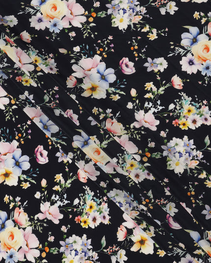 Black Base Multicolor Pastel Rose Cluster Printed Pure Silk Crepe Fabric, 110 Cms Width, Made in India-D23964