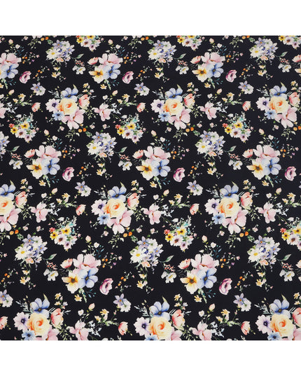 Black Base Multicolor Pastel Rose Cluster Printed Pure Silk Crepe Fabric, 110 Cms Width, Made in India-D23964