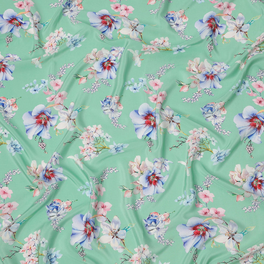 Mint Green Base Blue and Pink Orchid Floral Printed Pure Silk Crepe Fabric, 110 Cms Width, Made in India-D23965