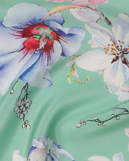 Mint Green Base Blue and Pink Orchid Floral Printed Pure Silk Crepe Fabric, 110 Cms Width, Made in India-D23965