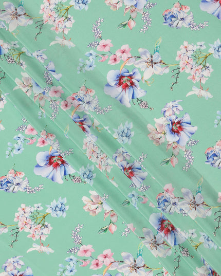 Mint Green Base Blue and Pink Orchid Floral Printed Pure Silk Crepe Fabric, 110 Cms Width, Made in India-D23965