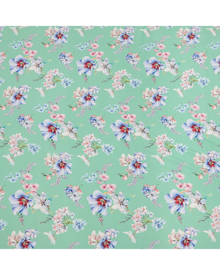 Mint Green Base Blue and Pink Orchid Floral Printed Pure Silk Crepe Fabric, 110 Cms Width, Made in India-D23965