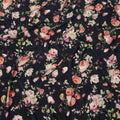 Midnight Black Base Peach and Blush Floral Bouquet Printed Pure Silk Crepe Fabric, 110 Cms Width, Made in India-D23966